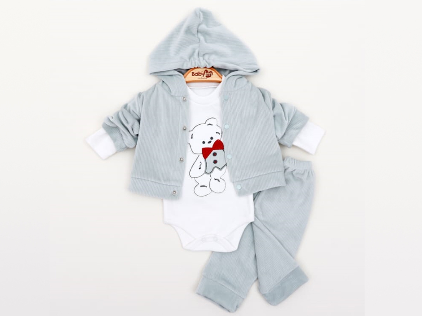 KADİFE AYICIKLI 3LÜ KAPŞONLU TAKIM  3-6-9  AY